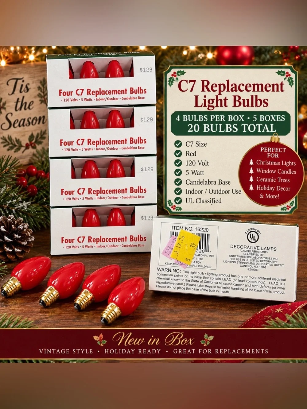 Lot of 5 C7 Red Replacement Christmas Light Bulbs 5W Candelabra Base NIB
